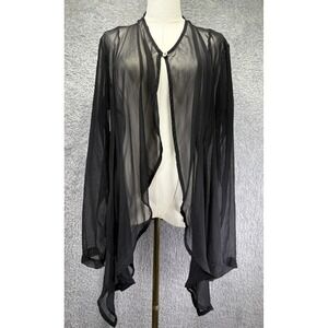 ILLIA Women Black Silk Chiffon Sheer Ruffle Front Top One Button Luxury Blouse L